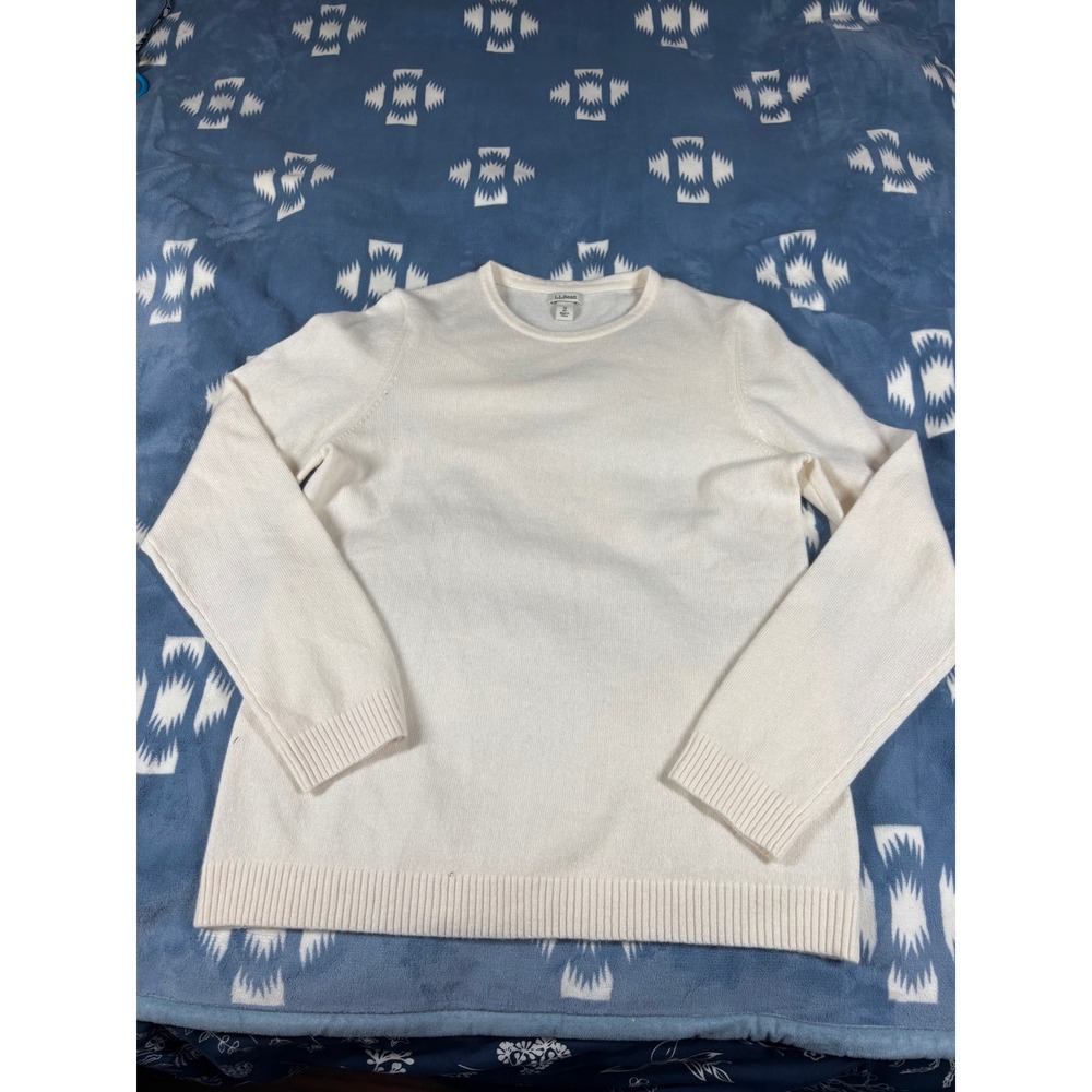 LL Bean Womens Cream White Crewneck Knit Sweater Long Sleeve Regular Size M 7137